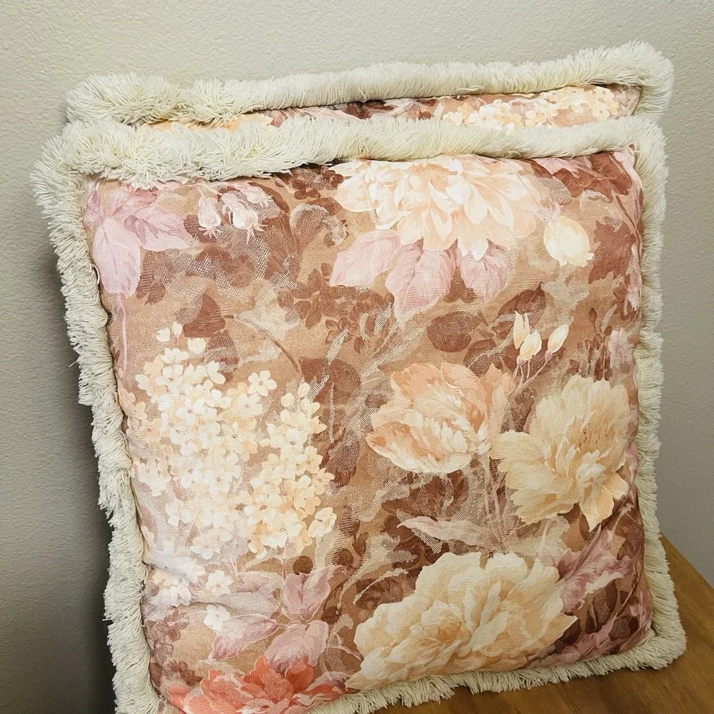 Vintage Peony Floral Jacquard Tapestry Fringe Pillows Beige Multi Cottage Granny